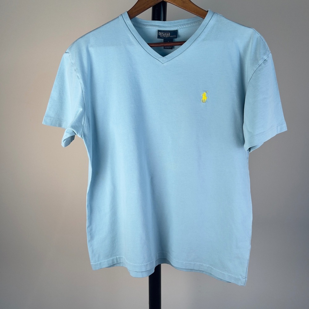 Polo Ralph Lauren V-Neck T-Shirt Men's Small Sky Blue Yellow Pony Logo Cotton